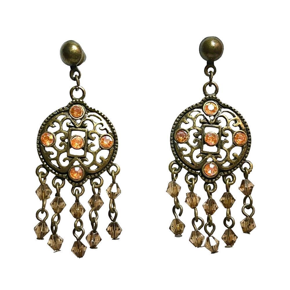 Vintage Yellow Brass Earrings Victorian Style w/ Faux Topaz Orange Rhinestones